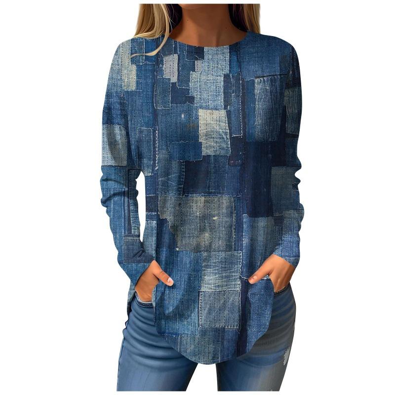 Damen T-Shirt mit 3D-Blattdruck, modisch, langärmlig, Rundhalsausschnitt, normale Oberteile, Feiertagswochenende, Frühling und Herbst