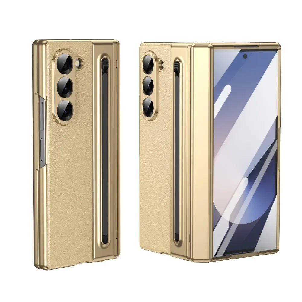 Luxury Plating Matte AG Pen Slot Leather Case For Samsung Galaxy Z Fold 7 6 5 4 3 Screen Film Hinged Shockproof Protector Cover