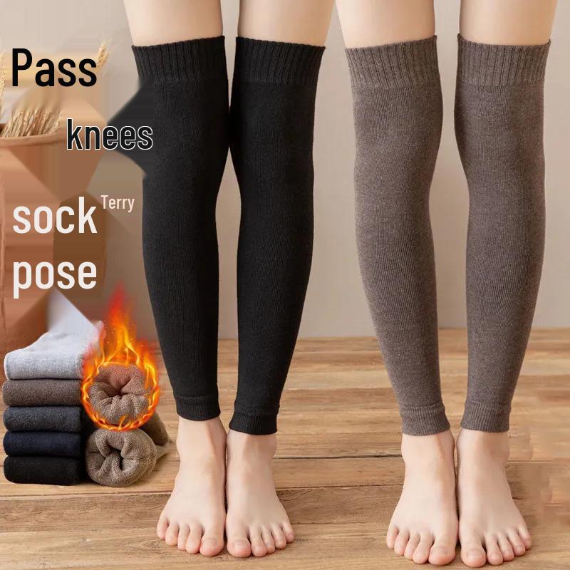 Women s Fleece-Lined Over-the-Knee Warm Socks with Knee Pads for Autumn and Winter One Size (2 pieces) чёрный