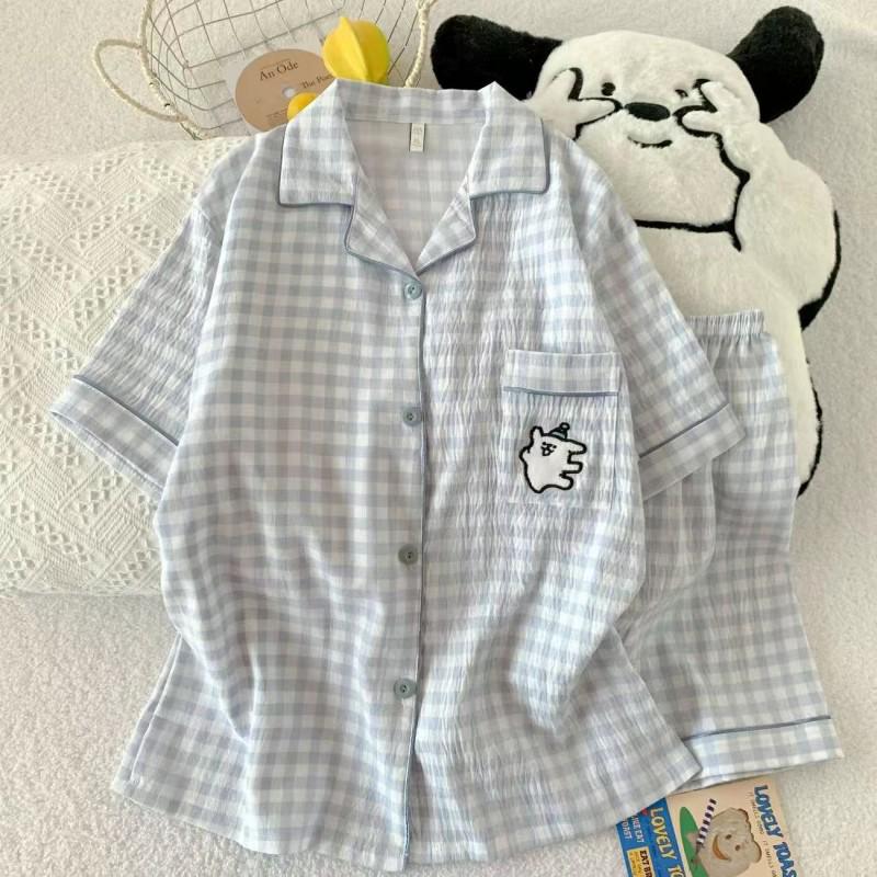 Women's Summer Cloud Cotton Pajama Set: Sweet Cute Cardigan with Short-Sleeved Top and Shorts.