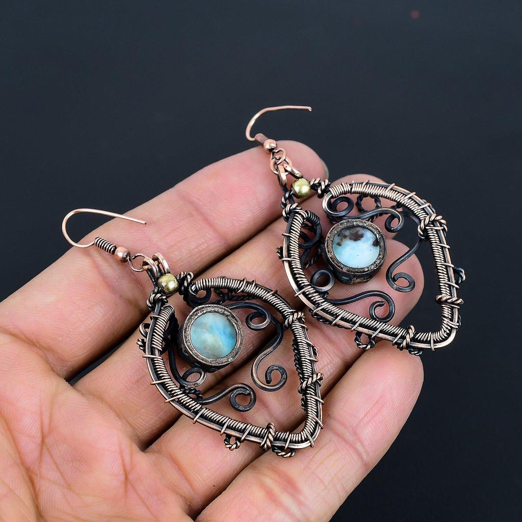 Larimar Earrings, Handmade Gemstone Earrings, 999 Copper Wire Wrapped Earrings Antique Jewelry, For Engagement Gift