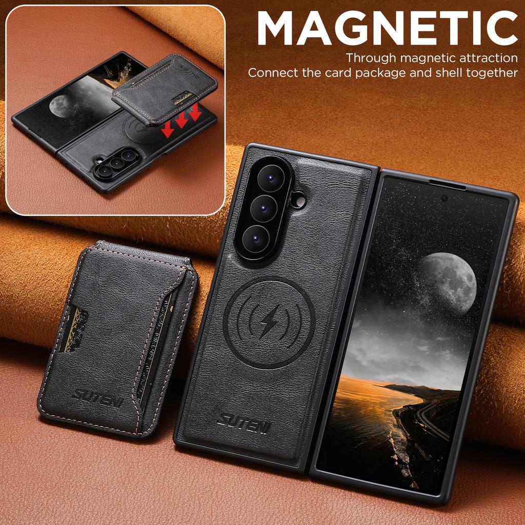 SUTENI M3 For Samsung Galaxy Z Fold7 5G Magnetic Case Cowhide Texture Leather Back Cover with Card Bag Kickstand