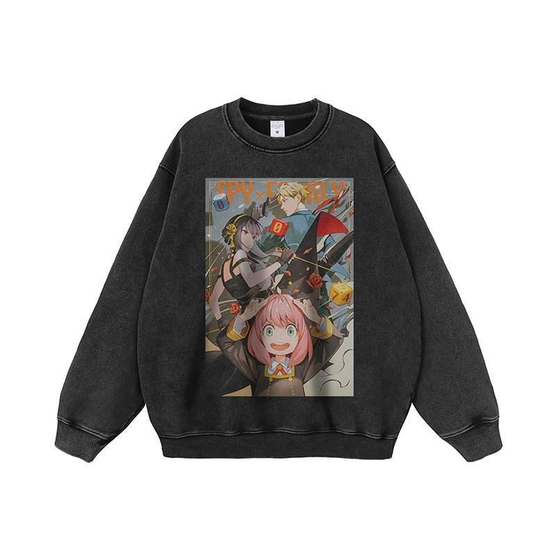 Mens Oversized Hoodie With Japanese Hip-Hop Cartoon Print Vintage Streetwear Cotton Sweatshirt Loose Fit Long Sleeve