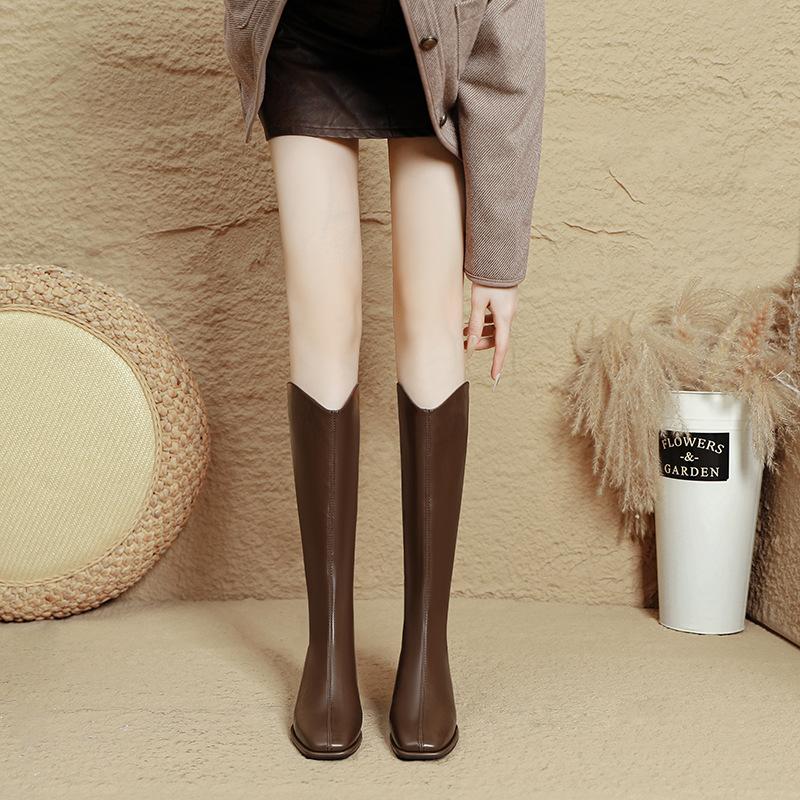 But Knee Boots Women's 2025 New Autumn and Winter High-heeled Thin V-mouth Boots Thick Heel Brown Square Head High Boots