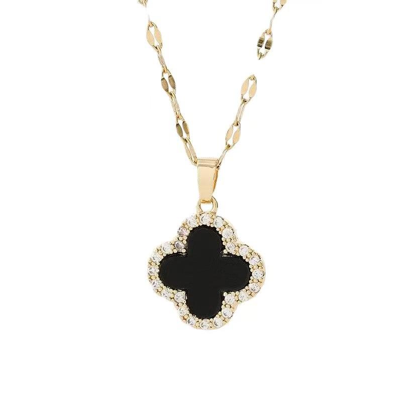 Women s Rhinestone Four-Leaf Petal Necklace - Japanese & Korean Style Titanium Steel Clavicle Chain Pendant