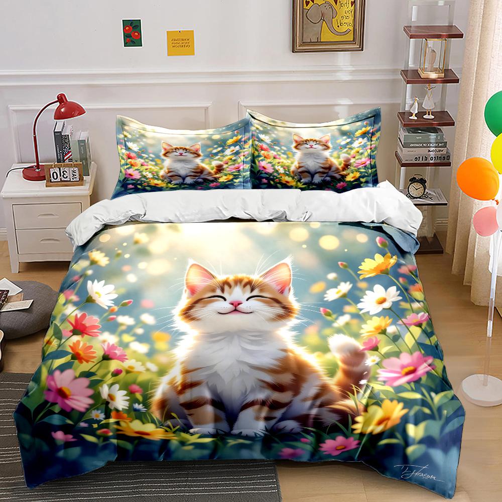Smiling Kitten In A Bright Flower Field Print Soft Comfortable Duvet Cover Bedding Set Included 1*Duvet Cover  2*Pillowcases