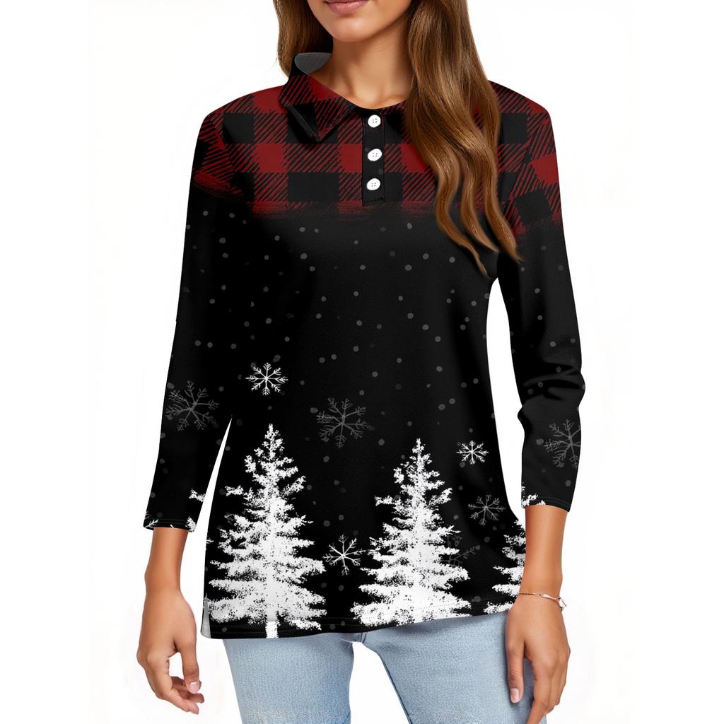 Mote dame casual revers kort 3/4 ermet juleprint skjorte dame knapp opp topper