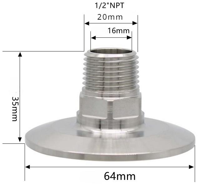 Sechskant 1/4" 3/8" 1/2" 3/4" 1" 1-1/2" 2" NPT Außengewinde x 0,5" 1,5" 2" Klemmverbindung Tri Clamp Rohrverschraubung 304 316L Edelstahl Sanitär