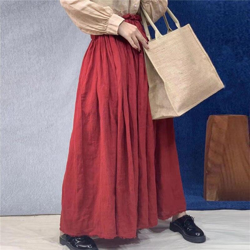Johnature Vintage Linen Women Skirts Casual High Waist Solid Color Female Skirts
