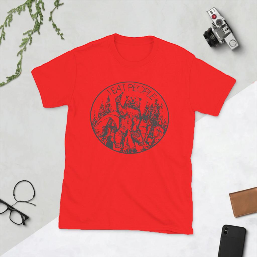 Unisex Funny Bear I Eat People T Shirt Camping Hiking Cotton Tops Funny Short Sleeve Crew Neck Tees Big Size TShirts