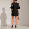 Women's Round Neck Mesh Puff Sleeve Floral Loose Fit Straight Short Dress