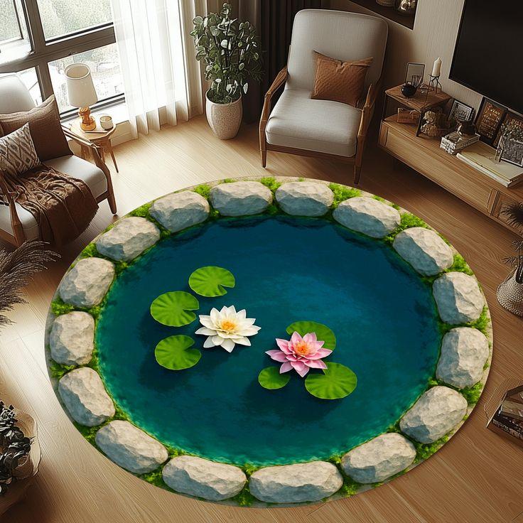 3D Visual Round Carpet With Fantasy Eye Ocean Vortex Koi Pond Waterfall Deep Hole Art Designs Rug For Home Decor