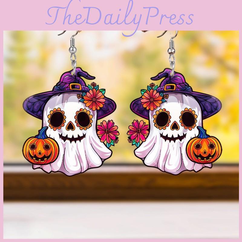 Themed Ghost Halloween Pumpkin Flower Pattern Women Alien Earrings Acrylic