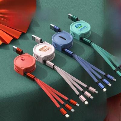Retractable Macaron 3-in-1 Data Cable with Logo Print, Fast Charging for 3 Devices