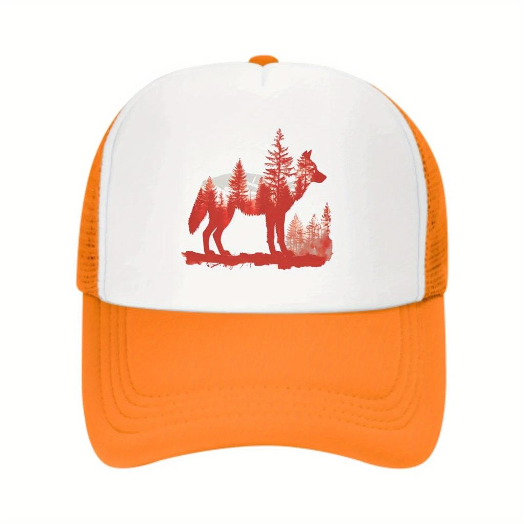 Wolf Forest Silhouette Print Trucker Hat Casual Adjustable Baseball Cap Outdoor Sun Protection