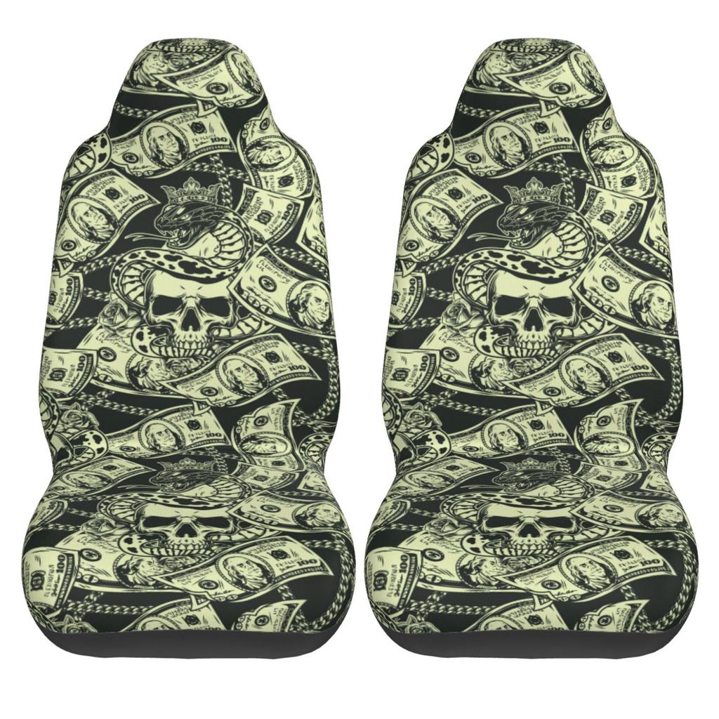 US Bill Dollars Skull Print 2 Pieces Covers Front Car Seat Universal Protector Cushion Cover Saddle Comfort Covers Fit Most Car