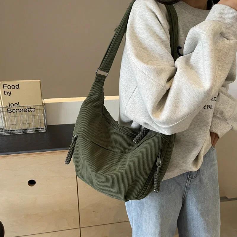 Women Casual Corduroy Shoulder Bag Japan Style Versatile Crossbody Bag Large Capacity Classes Solid Color Hobo Commuter Bag
