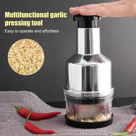 Stainless Steel Manual Garlic Press with Clear Container Multi-Function Vegetable Chopper Mincer for Ginger Onion Easy-Clean Dishwasher Safe Portable