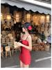Petite French Red Floral Lace-up A-line Sling Dress