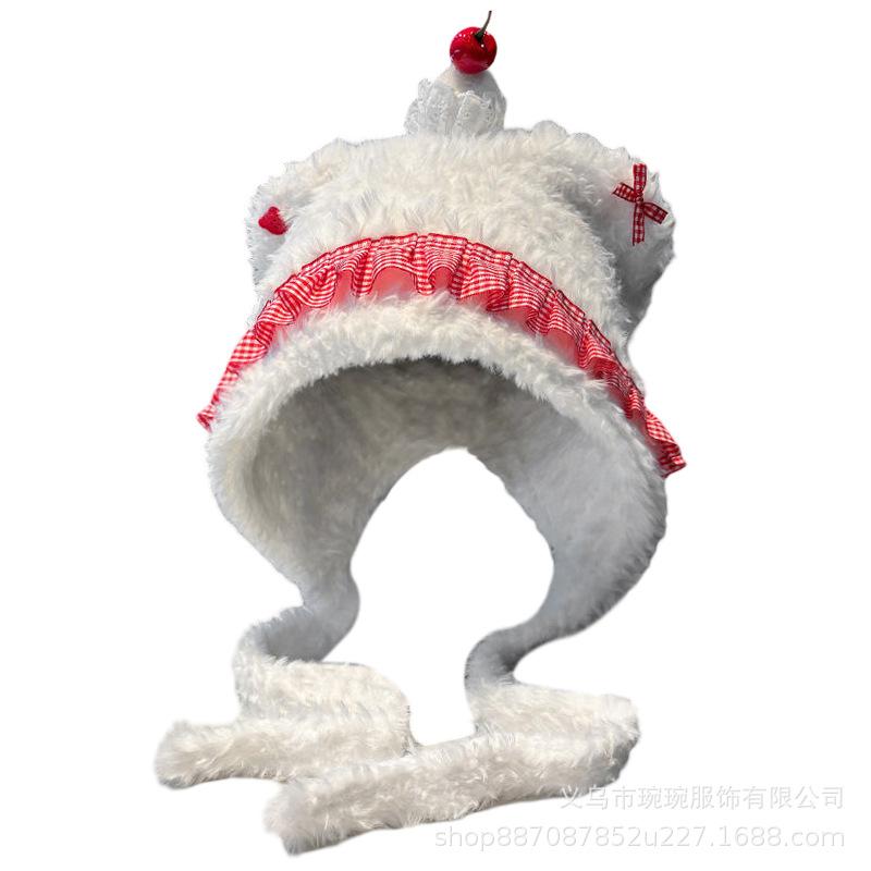 Cute cherry bear knitted plush hat female autumn and winter photo bag head ear protection hat soft waxy warm Lei Feng hat