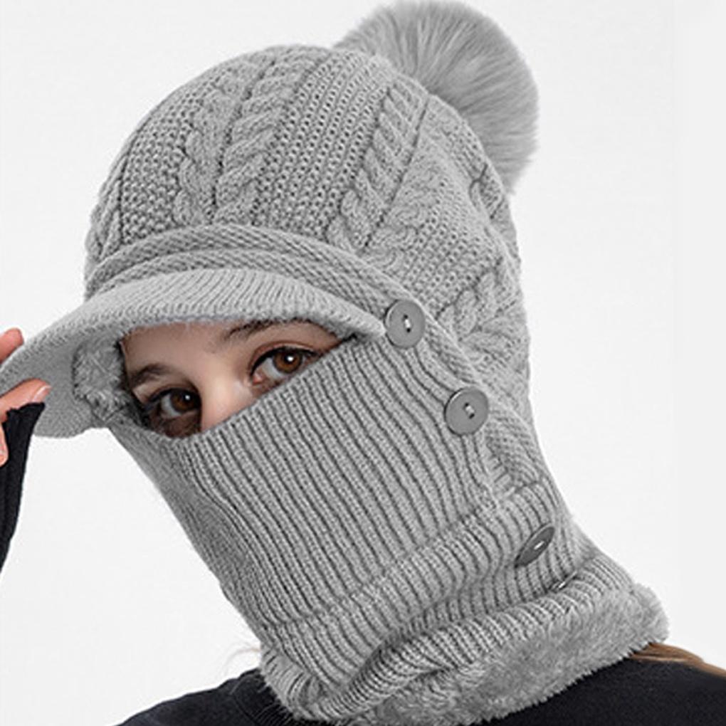 Winter cold weather knit neck warmer with fur pom pom brim all-in-one