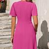 IHUASU Summer Solid Color Print Women's Dress U-Neck Button Elastic Casual Temperament Short-sleeved Loose Dress