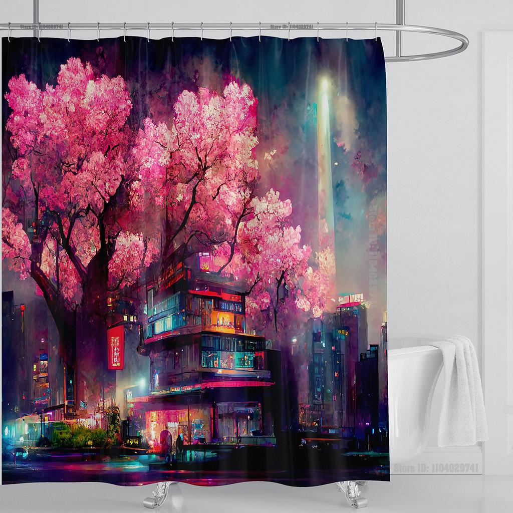 Illustration Japanese Chinese Style Art Print Polyester Washable Waterproof Shower Curtain Bathroom Decoration Bathtub With Hook