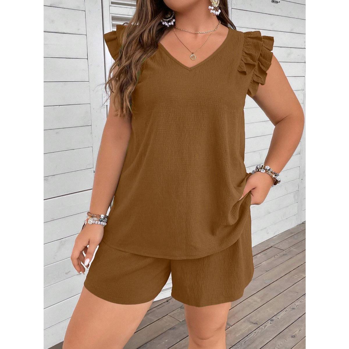 

Весенне-летний женский повседневный комплект из двух предметов: жилет с V-образным вырезом и оборками, топ и шорты 0XL хаки