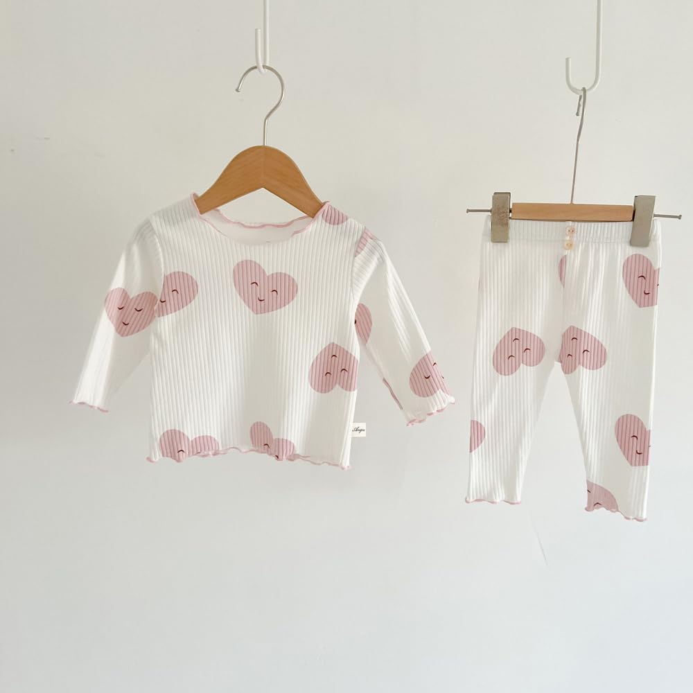 Jaydyequ Baby Pajamas Lightweight Long White Heart 90cm Set, Spring/Summer/Autumn, Cotton, Sleeve, Girls' Loungewear, Print,