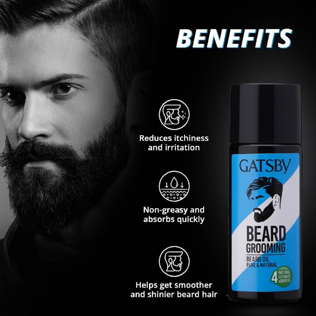 Gatsby Olej na bradu pre mužov 50 ml – Nelepivý prírodný olej na úpravu pre rast brady, zjemnenie a lesk – Rýchlo sa vstrebáva, príjemná vôňa