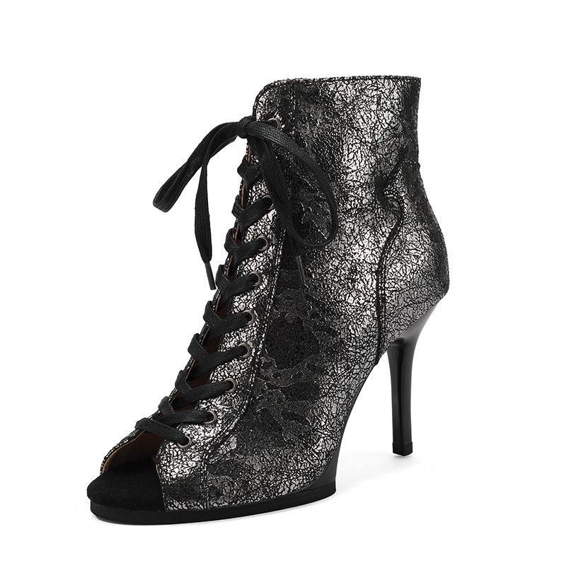 Women's Black Lace-up Ankle High Heels Jazz Dance Shoes with Soft Sole