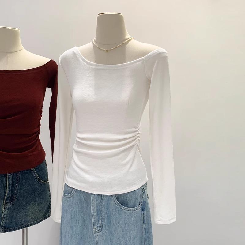 

Design Sense Off-Shoulder Slant Neck Shirt Women s Bottom Shirt Spring Slim-Fit Spice Girl Skinny Neck Top XL белый