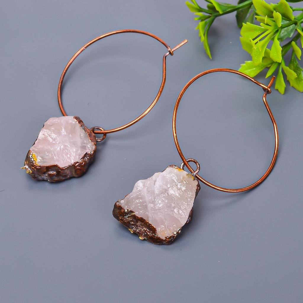 Rose Quartz Rough Stone Friendship Day Hoop Huggie Sisters Gift Earrings Copper V-9
