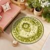 Retro green mandala round rug 2D printed geometric botanical pattern entry mat for coffee shop restaurant floor