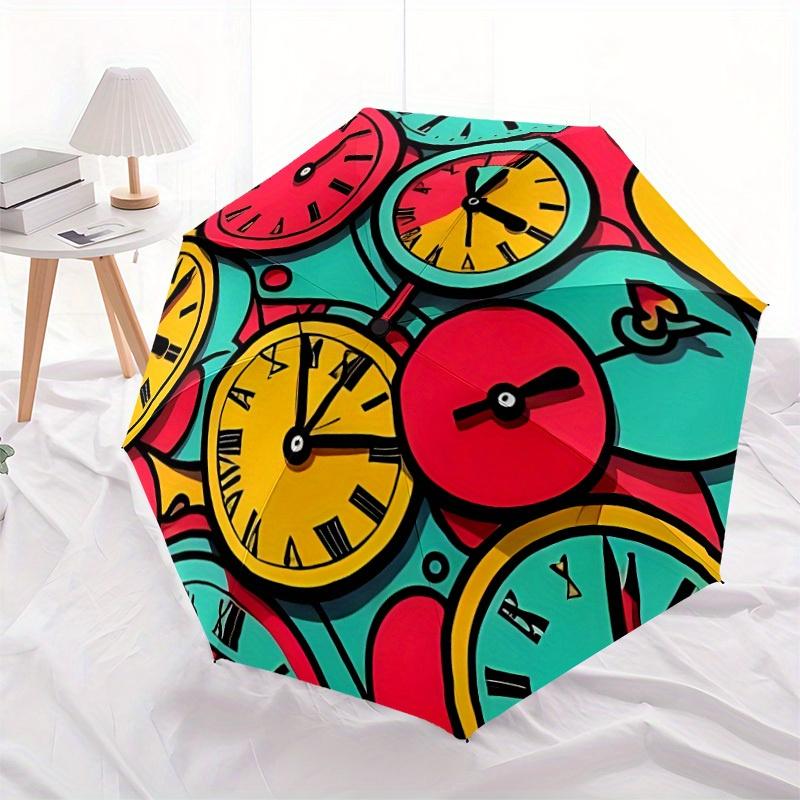 1pc Colorful Clocks Automatic Folding Umbrella - 8-Rib Iron Frame, Windproof, Portable Sunshade with Plastic Handle for Travel & Outdoor Act
