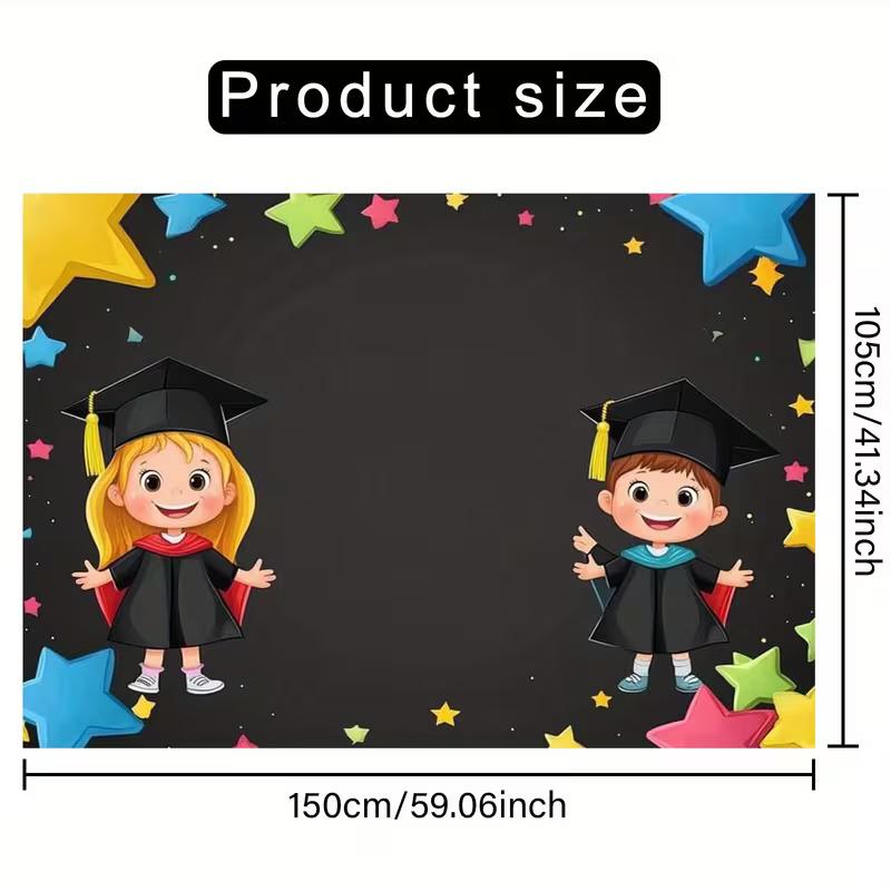 

2D Black Graduation Backdrop with Colorful Stars, Cartoon Kids Graduates Background for Class Party 47.2x31.5inch/120*80cm