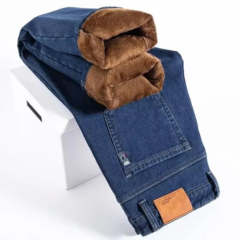 Jeans Casual in Pile da Uomo Elasticizzati Moda Cotone Spesso Peluche Caldo Pantaloni in Denim Pantaloni da Uomo Taglia Larga 48