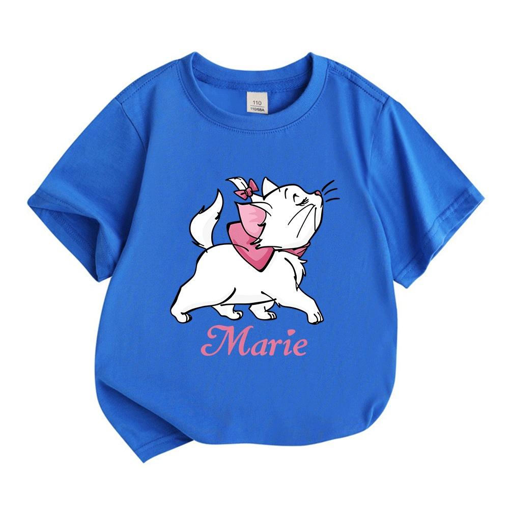 Kids Boys Girls Crew Neck Short Sleeve 100% Cotton T-Shirt, Cute White Cartoon Cat Print Casual Soft Breathable Summer Tee for Daily Wear School Holid