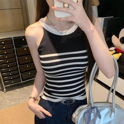 Sweet Hot Girl Striped Knitted Vest Women's Summer Slim Fit Short Sleeveless Camisole Outer Top