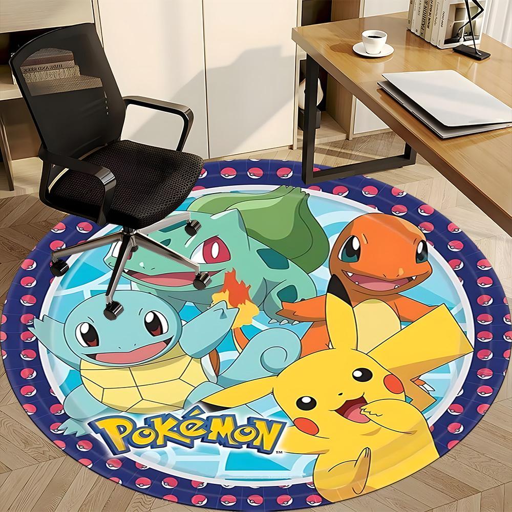 1PC Pokemon, Pikachu Office Round Rug - Perfect for Office or Study Decor, Machine Washable, Non-Slip Backing, Decorative Floor Mat