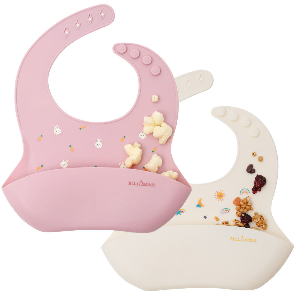 Atti Rabbit Baby Toddler Silicone Bib Lightweight Waterproof Soft Feeding Bib (2pcs as a set)