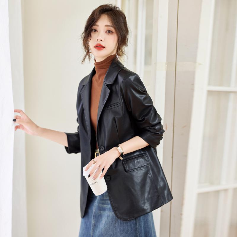 

Женская кожаная мотоциклетная куртка Haining 2025 в стиле ретро Гонконг Medium чёрный