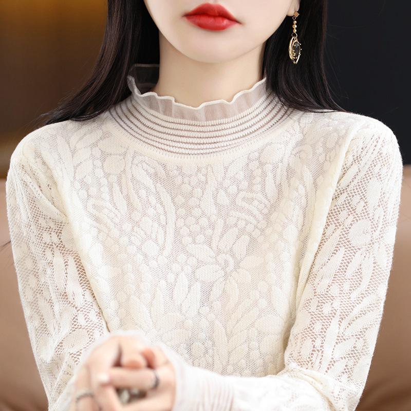 Women's Spring-Summer Chiffon Knit Top with Lace & Mesh Half-High Collar