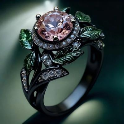 Delicate Bright Pink Zircon Lady Green Leaf Oil Drop Flower Plant Ring Gift