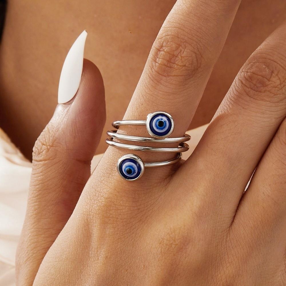 Bague Œil Bleu Double Zirconium Couleur Argent Bague de Doigt Réglable Anneaux Torsadés Tendance Fête