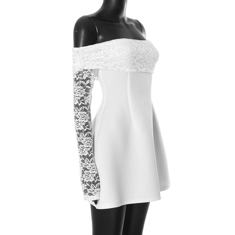 Giyu Sexy Mini Krátké Šaty Dámské Podzimní Krajka Patchwork Dlouhý rukáv Bez ramen Šaty bez zad Elegantní klubový společenský župan