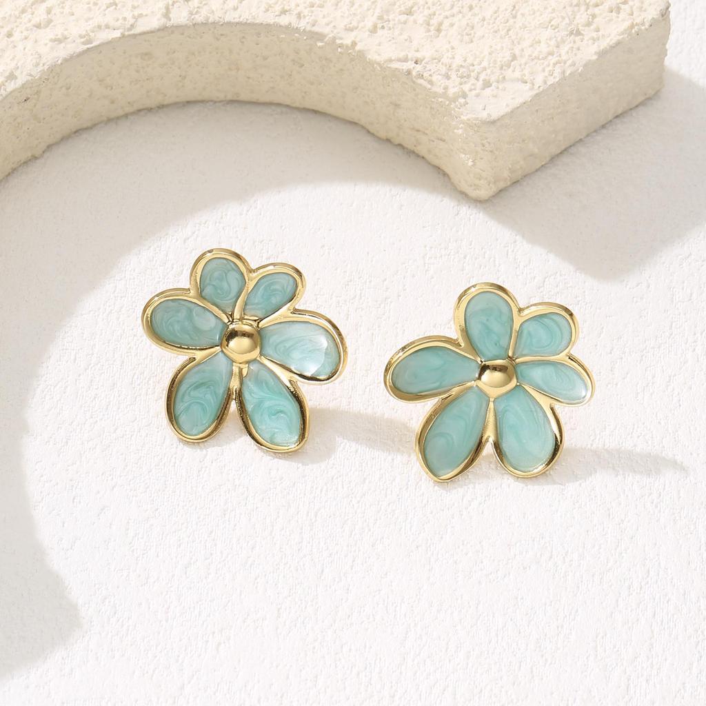 304L Stainless Steel Black Enamel Flower Drop Earrings for Women