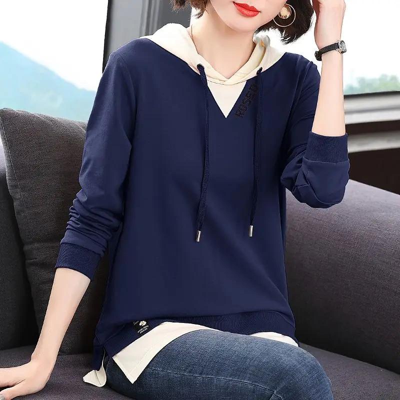 Female Fashion Casual Solid Color Spliced Hooded T-shirt Autumn Commute Simplicity Fake Two Pieces Tops Women's Clothing A794