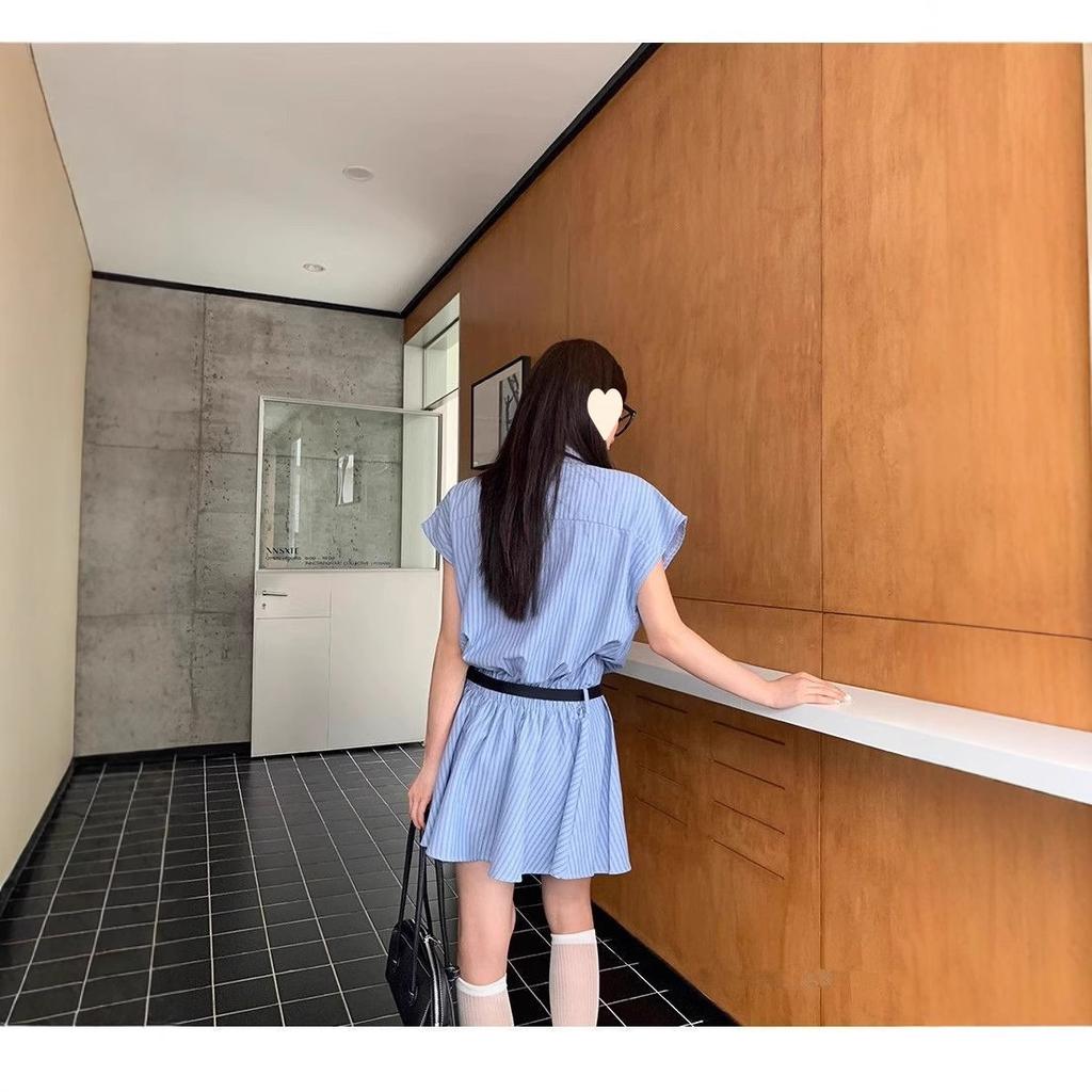 Blue Striped Shirt Dress Women's Summer New Small College Style Waist Pleated Skirt