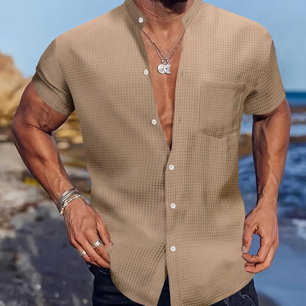 Summer Cross-border men's shirt casual Henry collar pocket short sleeve